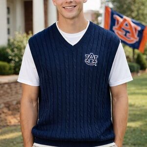Vtg. Joe College Sports Auburn Tigers Cable Knit Sweater Vest XL Navy Blue White